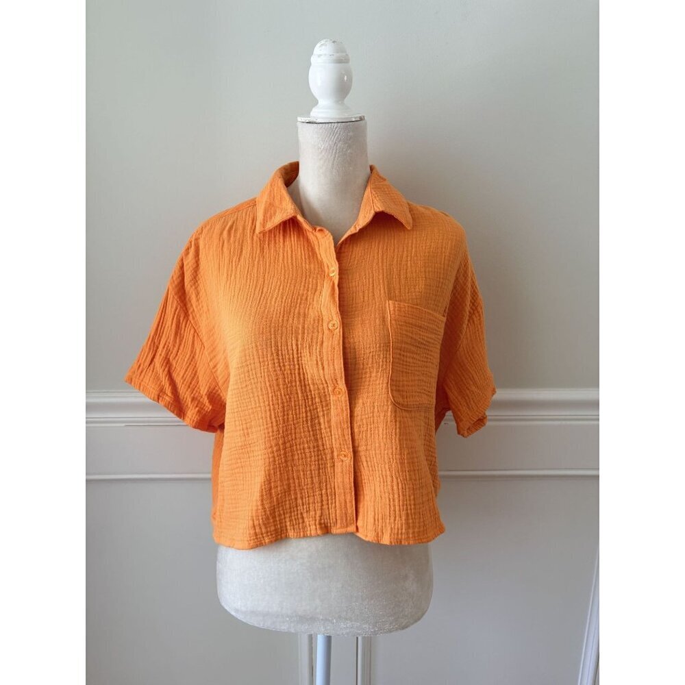 DKNY Jeans Orange Textured Cotton Button-Up Cropped Shirt S New
